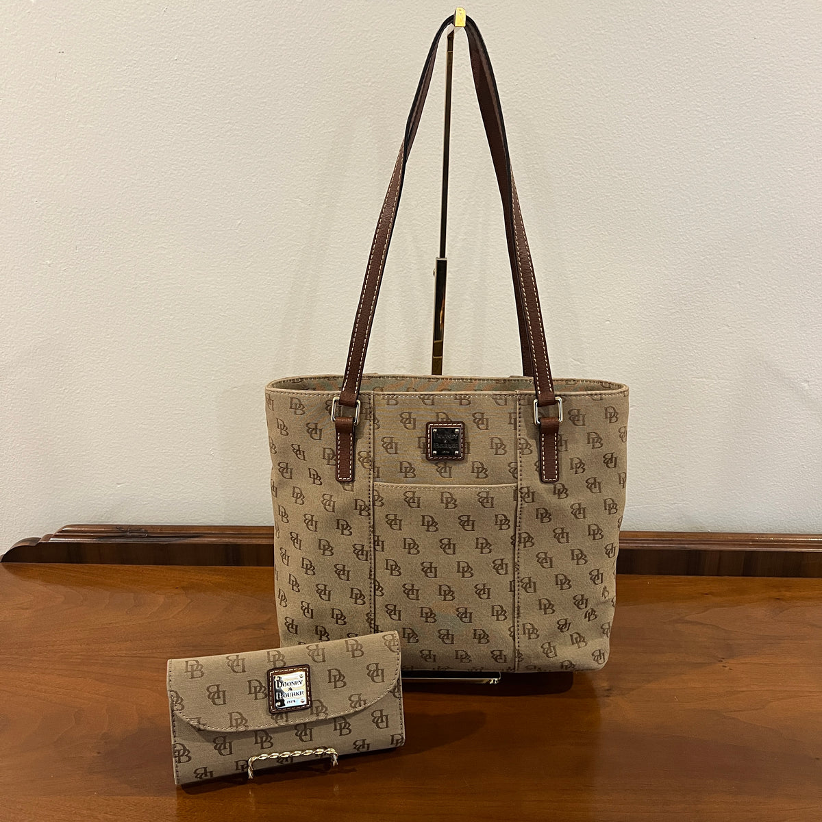 Vintage Y2K Dooney & Bourke Signature DB Monogram Canvas Small Lexington Tote and Continental Clutch
